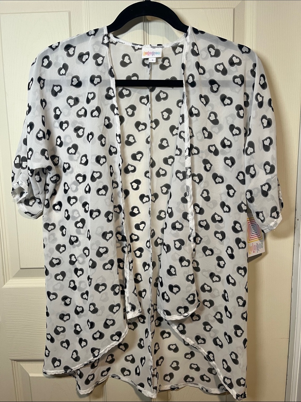 LuLaRoe White Open Cover up with Black Heart Print